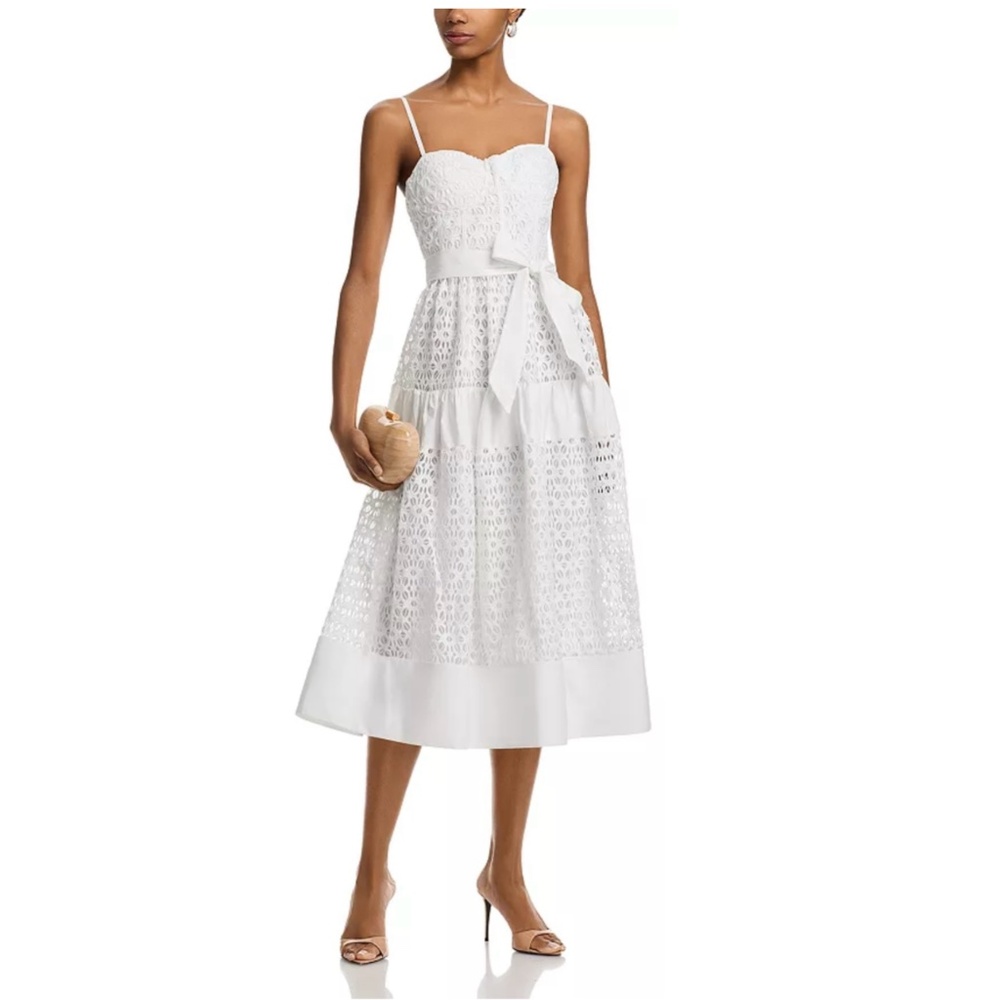 $148 Aqua Eyelet Fit and Flare Midi dress in White